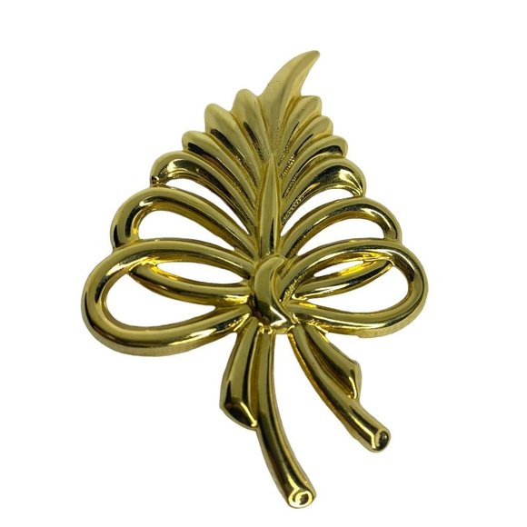 Vintage Goldtone Brooch Leaf Bouquet Bow 2 1/4"h Statement - Picture 1 of 7